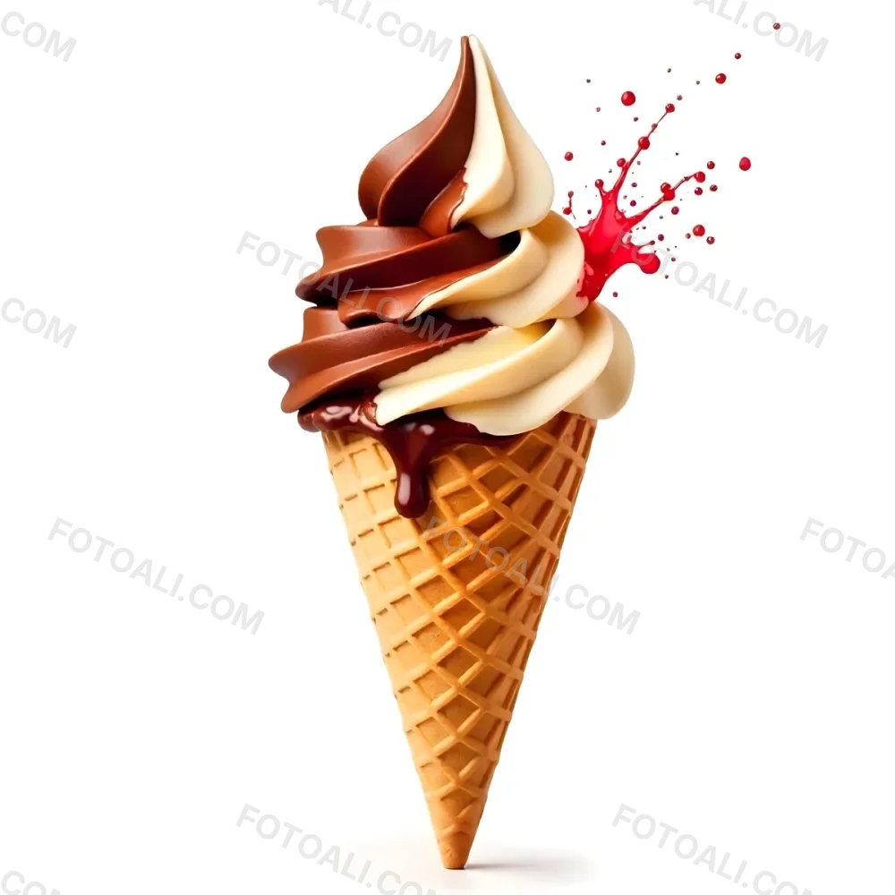 Ice Cream Cone With Chocolate Vanilla And Vanilla Flavors Waffle Stick Strawberry Syrup Splash White Background 50 9f58
