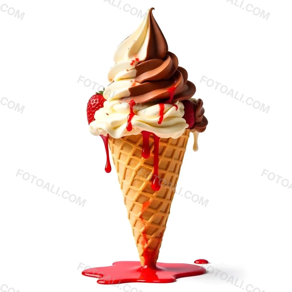 Ice Cream Cone With Chocolate Vanilla And Vanilla Flavors Waffle Stick Strawberry Syrup Splash White Background 54 976e
