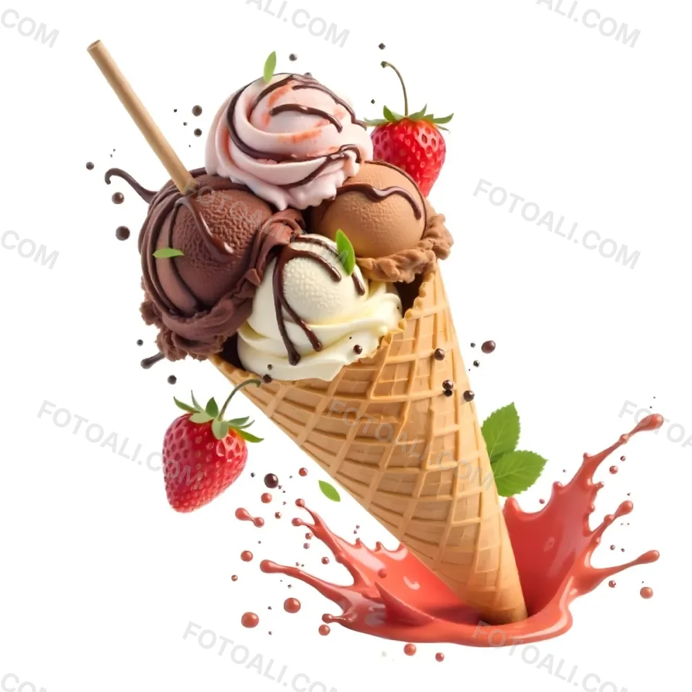 Ice Cream Cone With Chocolate Vanilla And Vanilla Flavors Waffle Stick Strawberry Syrup Splash White Background 6 9613