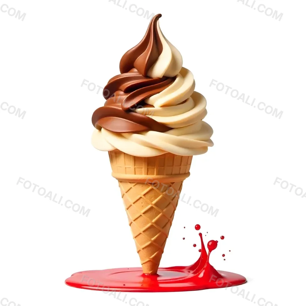 Ice Cream Cone With Chocolate Vanilla And Vanilla Flavors Waffle Stick Strawberry Syrup Splash White Background 7 0f7f