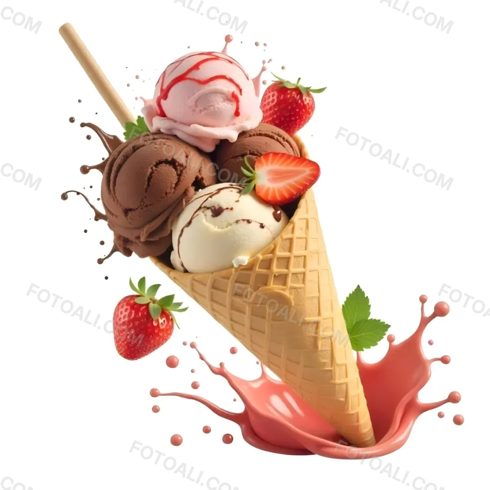 Ice Cream Cone With Chocolate Vanilla And Vanilla Flavors Waffle Stick Strawberry Syrup Splash White Background 8 0976