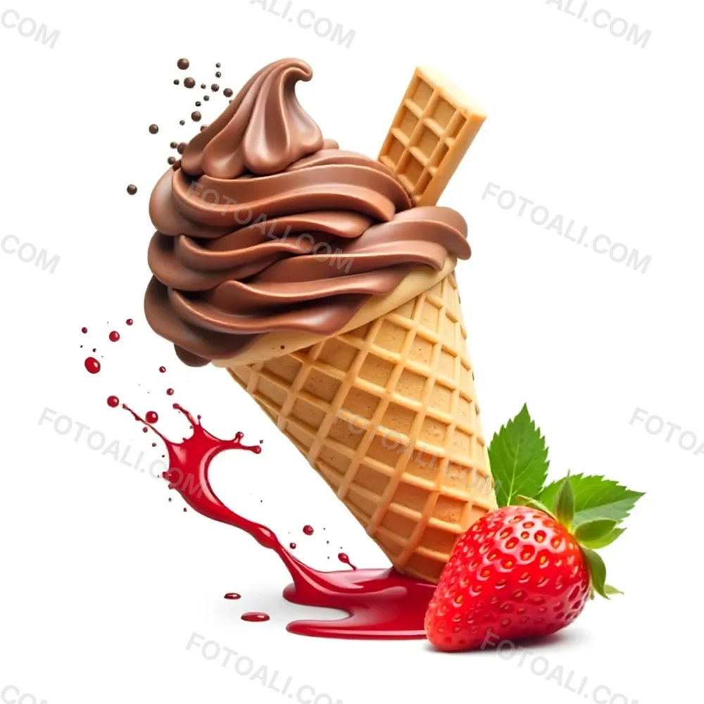 Ice Cream Cone With Chocolate Vanilla And Vanilla Flavors Waffle Stick Strawberry Syrup Splash White Background 9 26c1
