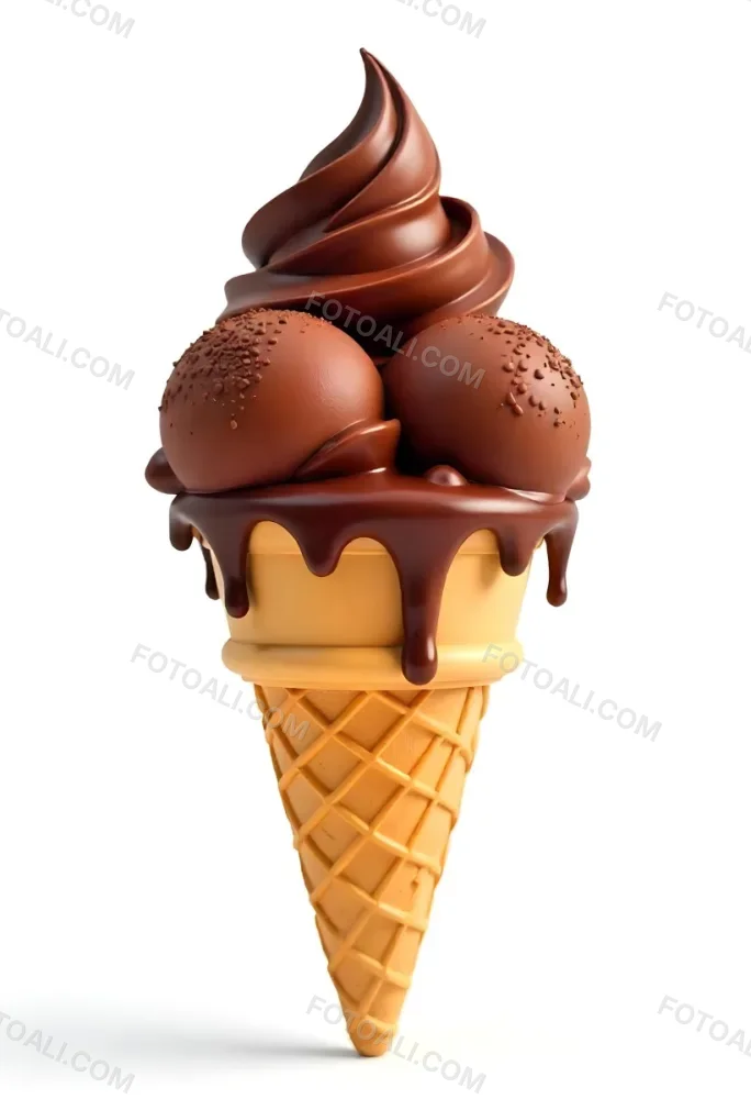 Ice Cream Cone With Three Scoops Of Chocolate Ice Cream Chocolate Syrup Dripping Down The Sides Waffle Cone White Background 1 E64b