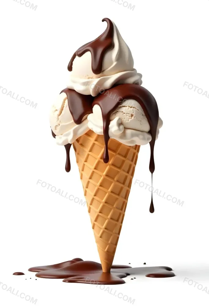 Ice Cream Cone With Three Scoops Of Chocolate Ice Cream Chocolate Syrup Dripping Down The Sides Waffle Cone White Background 23 85b1