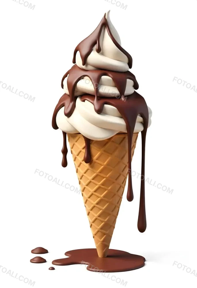 Ice Cream Cone With Three Scoops Of Chocolate Ice Cream Chocolate Syrup Dripping Down The Sides Waffle Cone White Background 24 D4aa