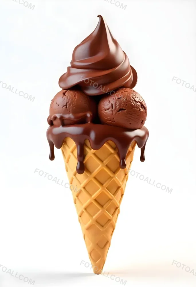 Ice Cream Cone With Three Scoops Of Chocolate Ice Cream Chocolate Syrup Dripping Down The Sides Waffle Cone White Background 33 5287