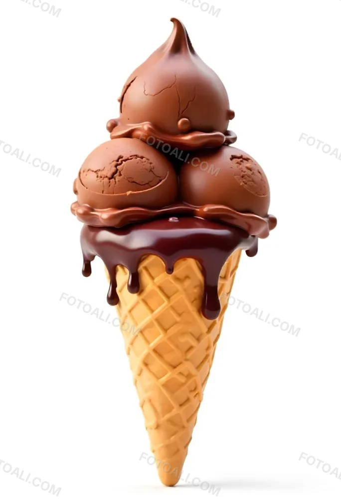 Ice Cream Cone With Three Scoops Of Chocolate Ice Cream Chocolate Syrup Dripping Down The Sides Waffle Cone White Background 34 37ab