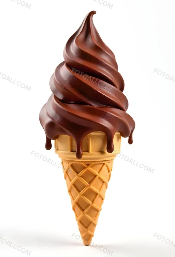 Ice Cream Cone With Three Scoops Of Chocolate Ice Cream Chocolate Syrup Dripping Down The Sides Waffle Cone White Background 35 873a