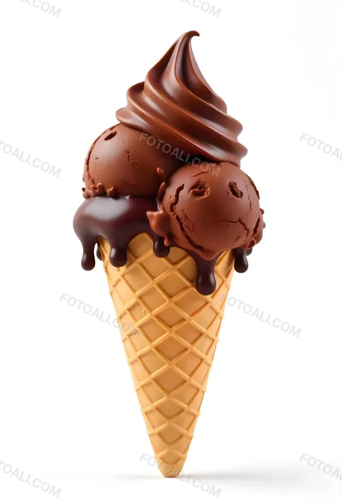 Ice Cream Cone With Three Scoops Of Chocolate Ice Cream Chocolate Syrup Dripping Down The Sides Waffle Cone White Background 36 8c57