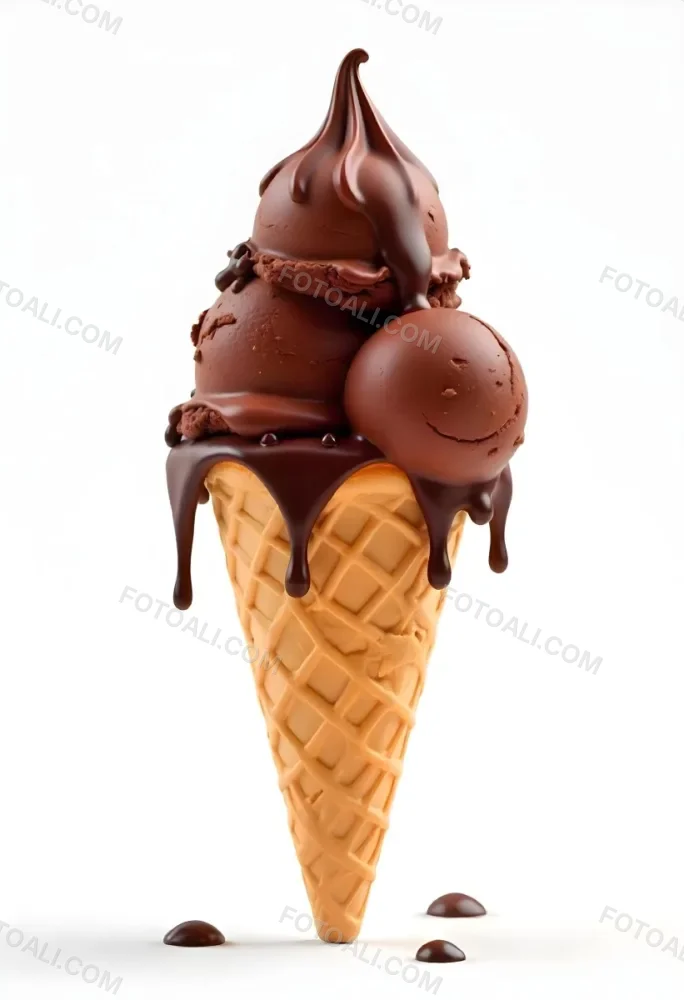 Ice Cream Cone With Three Scoops Of Chocolate Ice Cream Chocolate Syrup Dripping Down The Sides Waffle Cone White Background 37 991b