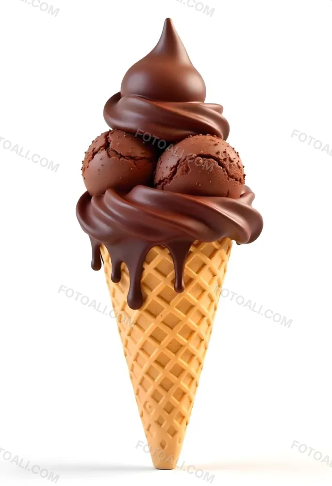 Ice Cream Cone With Three Scoops Of Chocolate Ice Cream Chocolate Syrup Dripping Down The Sides Waffle Cone White Background 4 5d3a