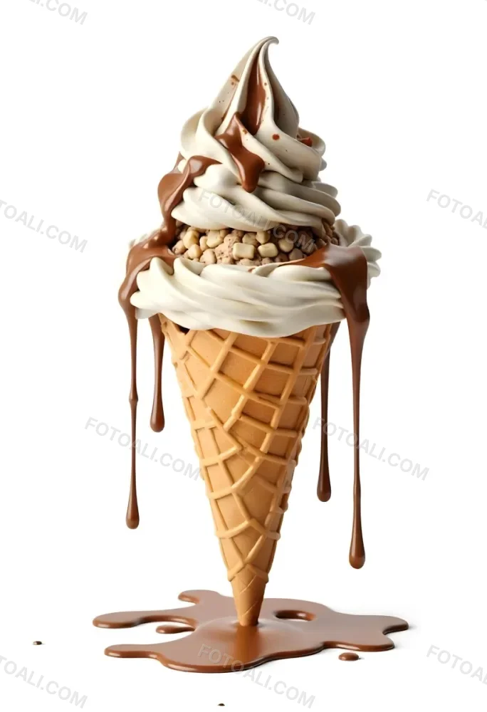 Ice Cream Cone With Three Scoops Of Chocolate Ice Cream Chocolate Syrup Dripping Down The Sides Waffle Cone White Background 5 E226