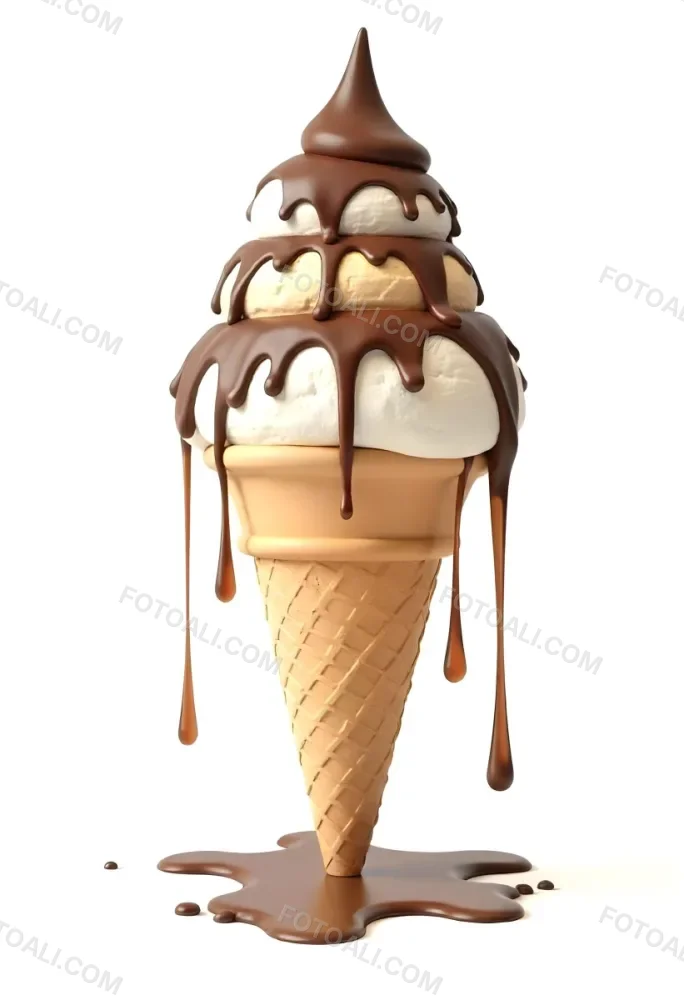 Ice Cream Cone With Three Scoops Of Chocolate Ice Cream Chocolate Syrup Dripping Down The Sides Waffle Cone White Background 9 5ee8