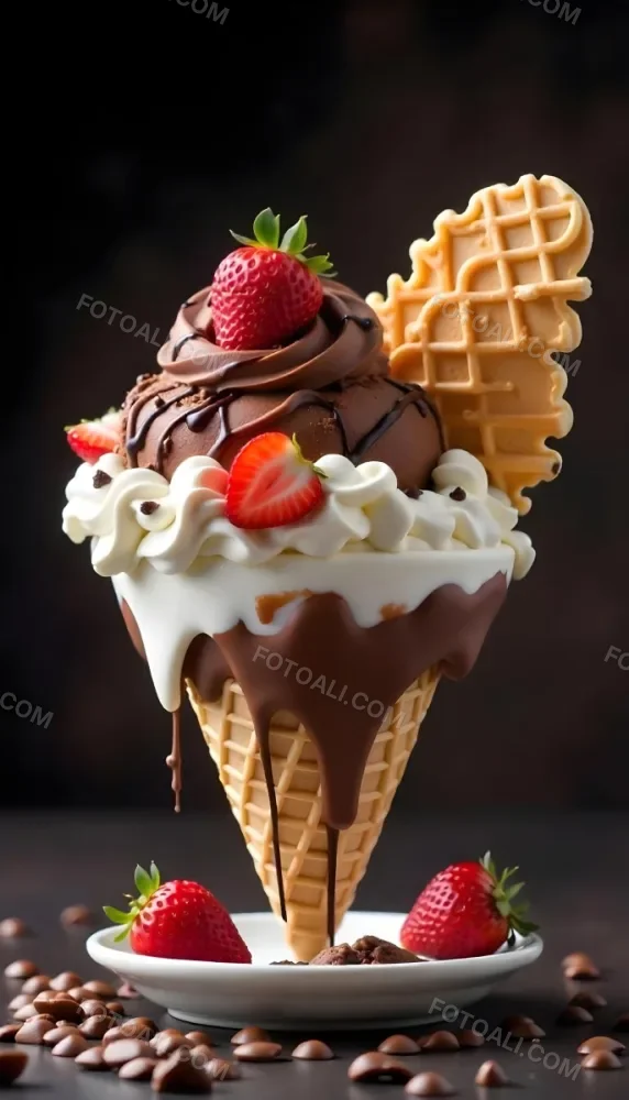 Ice Cream Cone With Waffle Cone Chocolate Ice Cream Chocolate Syrup Strawberries And Waffle Pieces On Top Dark Background 1 8e85