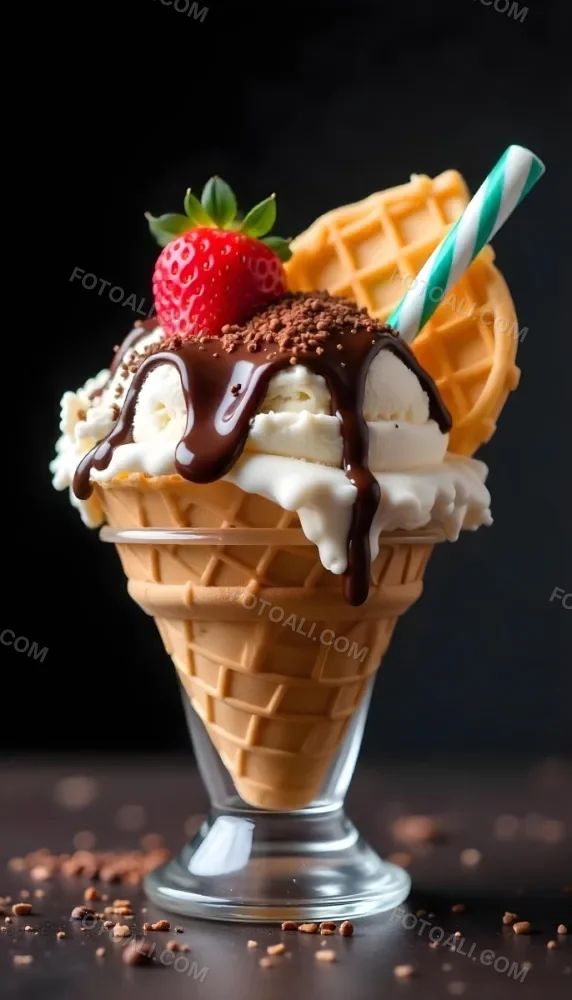 Ice Cream Cone With Waffle Cone Chocolate Ice Cream Chocolate Syrup Strawberries And Waffle Pieces On Top Dark Background 13 4b4a