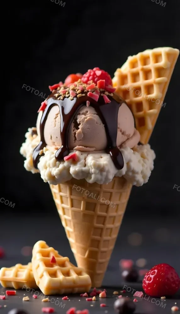 Ice Cream Cone With Waffle Cone Chocolate Ice Cream Chocolate Syrup Strawberries And Waffle Pieces On Top Dark Background 52 A98b