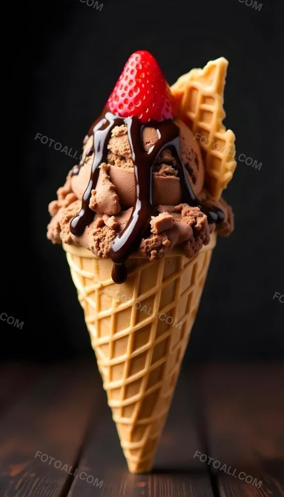 Ice Cream Cone With Waffle Cone Chocolate Ice Cream Chocolate Syrup Strawberries And Waffle Pieces On Top Dark Background 56 3756