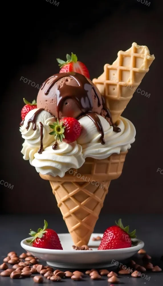 Ice Cream Cone With Waffle Cone Chocolate Ice Cream Chocolate Syrup Strawberries And Waffle Pieces On Top Dark Background 6 D385
