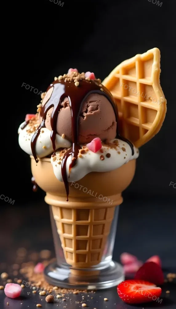 Ice Cream Cone With Waffle Cone Chocolate Ice Cream Chocolate Syrup Strawberries And Waffle Pieces On Top Dark Background 62 Baf8