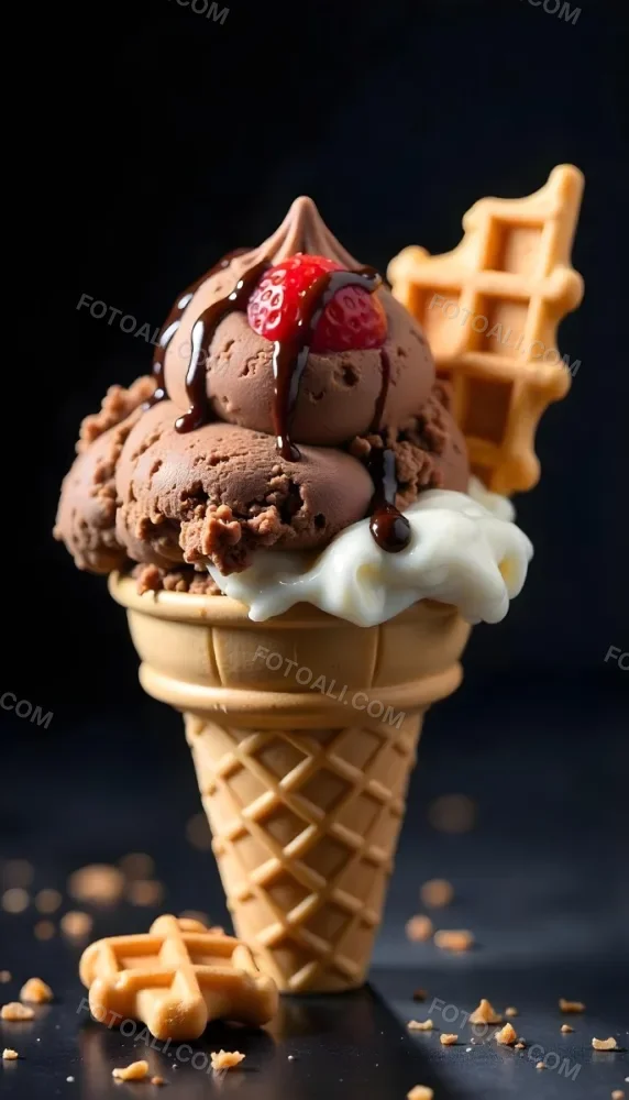Ice Cream Cone With Waffle Cone Chocolate Ice Cream Chocolate Syrup Strawberries And Waffle Pieces On Top Dark Background 63 9d92