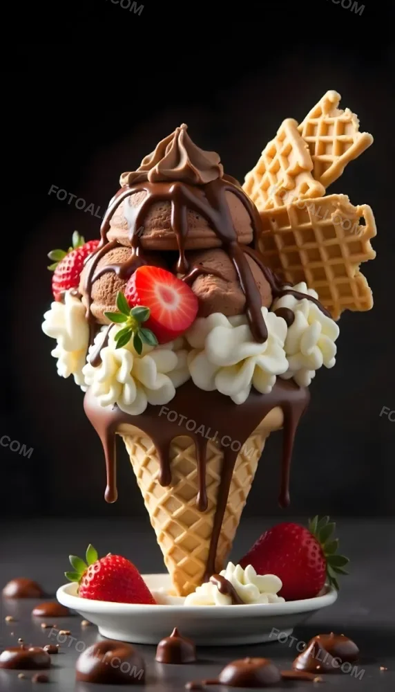 Ice Cream Cone With Waffle Cone Chocolate Ice Cream Chocolate Syrup Strawberries And Waffle Pieces On Top Dark Background 65 Fe94