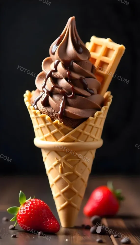 Ice Cream Cone With Waffle Cone Chocolate Ice Cream Chocolate Syrup Strawberries And Waffle Pieces On Top Dark Background 66 547e