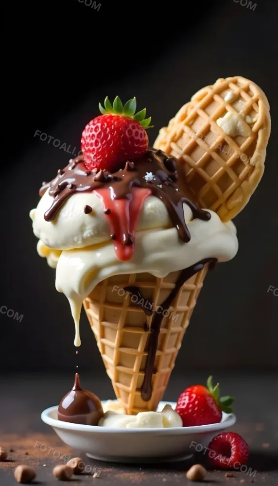 Ice Cream Cone With Waffle Cone Chocolate Ice Cream Chocolate Syrup Strawberries And Waffle Pieces On Top Dark Background 67 C03f