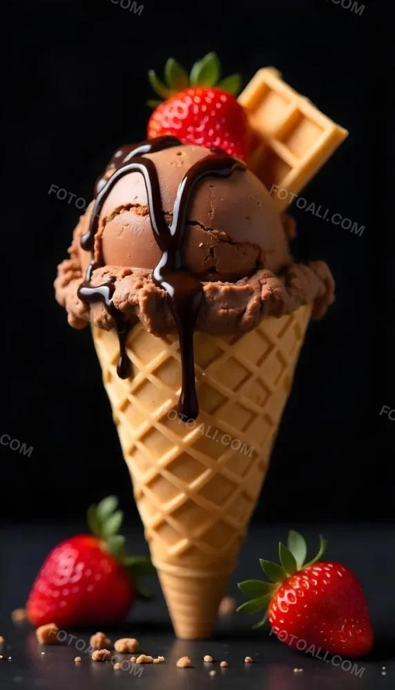 Ice Cream Cone With Waffle Cone Chocolate Ice Cream Chocolate Syrup Strawberries And Waffle Pieces On Top Dark Background 68 74ae