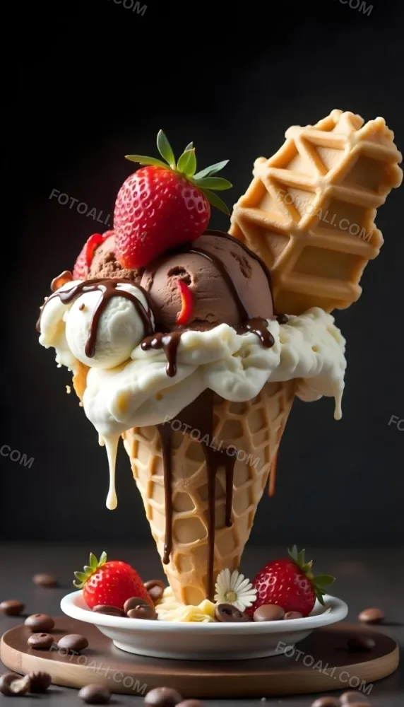 Ice Cream Cone With Waffle Cone Chocolate Ice Cream Chocolate Syrup Strawberries And Waffle Pieces On Top Dark Background 71 Dcf5