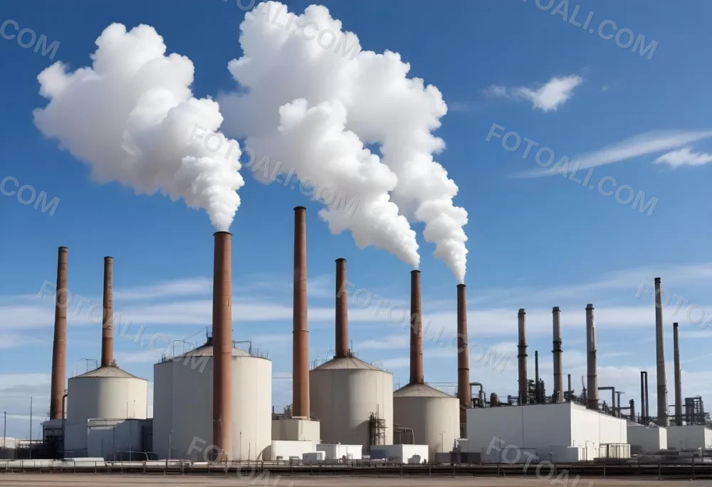 Industrial Complex With White Tanks And Smokestacks Emitting Smoke Against A Blue Sky With Scattered Clouds Suggesting A Manufacturing Or Processing Facility 10 4dc1