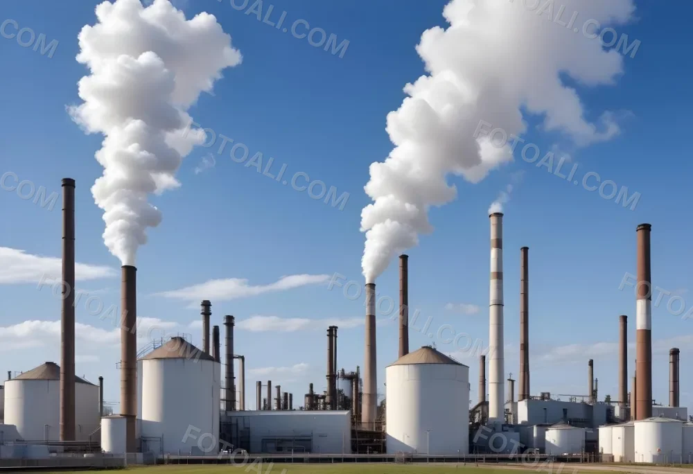 Industrial Complex With White Tanks And Smokestacks Emitting Smoke Against A Blue Sky With Scattered Clouds Suggesting A Manufacturing Or Processing Facility 11 1657
