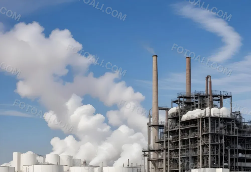 Industrial Complex With White Tanks And Smokestacks Emitting Smoke Against A Blue Sky With Scattered Clouds Suggesting A Manufacturing Or Processing Facility 2 0ba9