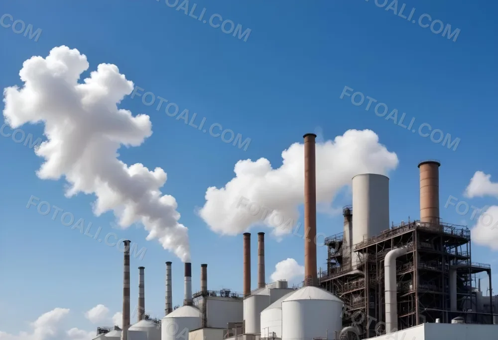 Industrial Complex With White Tanks And Smokestacks Emitting Smoke Against A Blue Sky With Scattered Clouds Suggesting A Manufacturing Or Processing Facility 3 A3c4