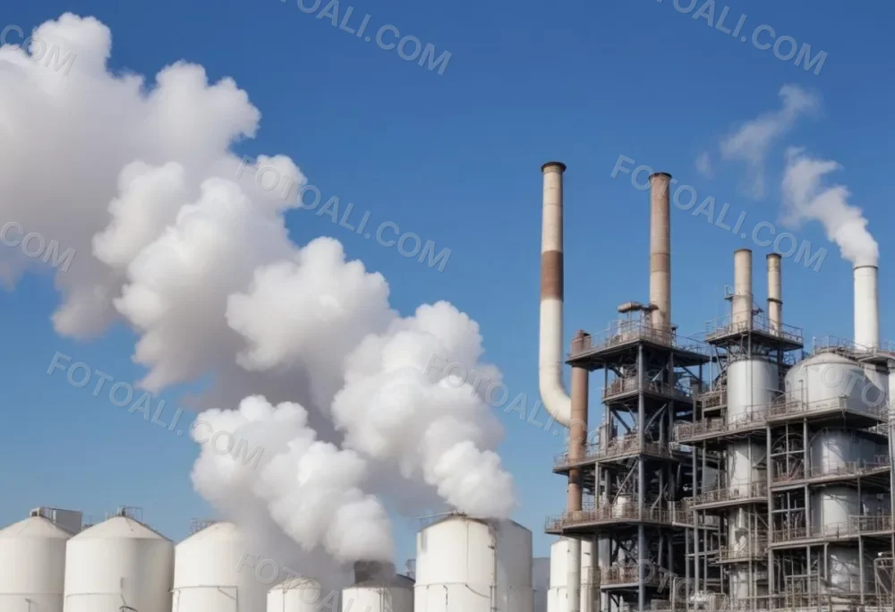 Industrial Complex With White Tanks And Smokestacks Emitting Smoke Against A Blue Sky With Scattered Clouds Suggesting A Manufacturing Or Processing Facility 4 A85c