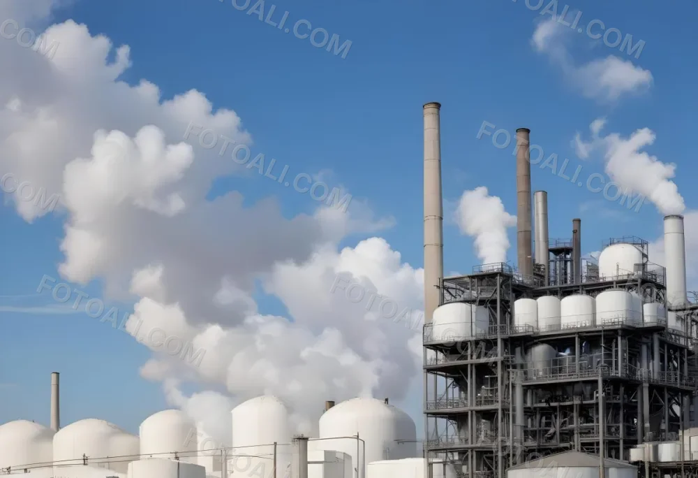 Industrial Complex With White Tanks And Smokestacks Emitting Smoke Against A Blue Sky With Scattered Clouds Suggesting A Manufacturing Or Processing Facility 5 5af5