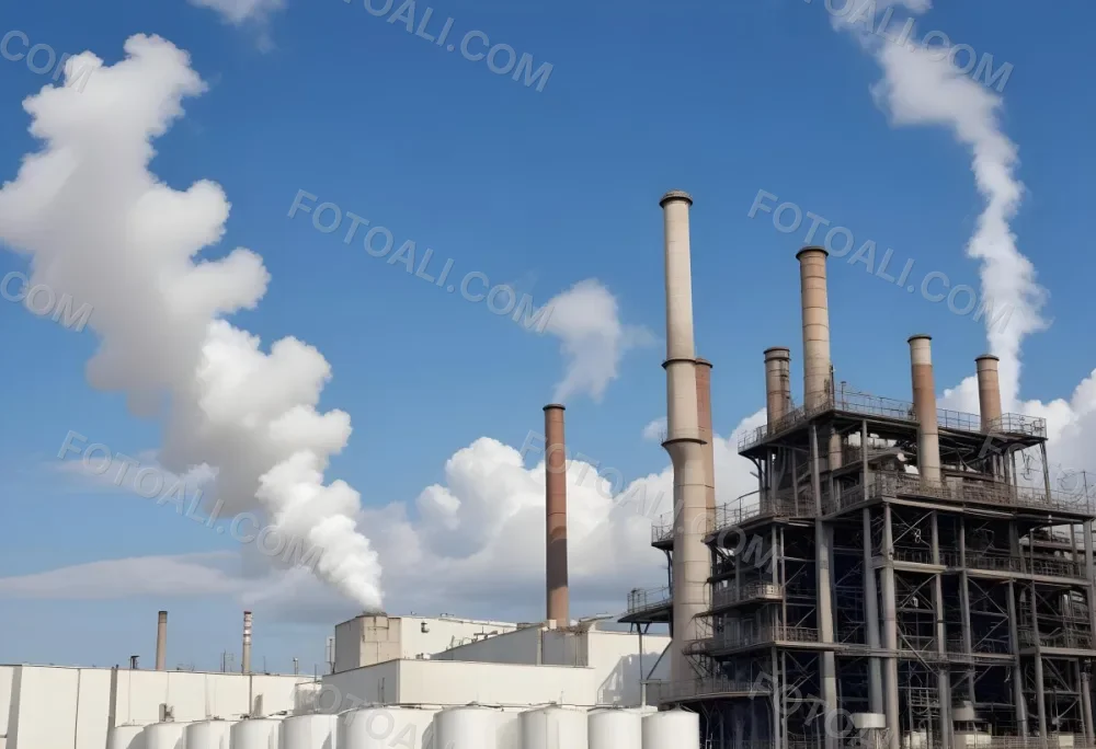Industrial Complex With White Tanks And Smokestacks Emitting Smoke Against A Blue Sky With Scattered Clouds Suggesting A Manufacturing Or Processing Facility 6 Bb0a