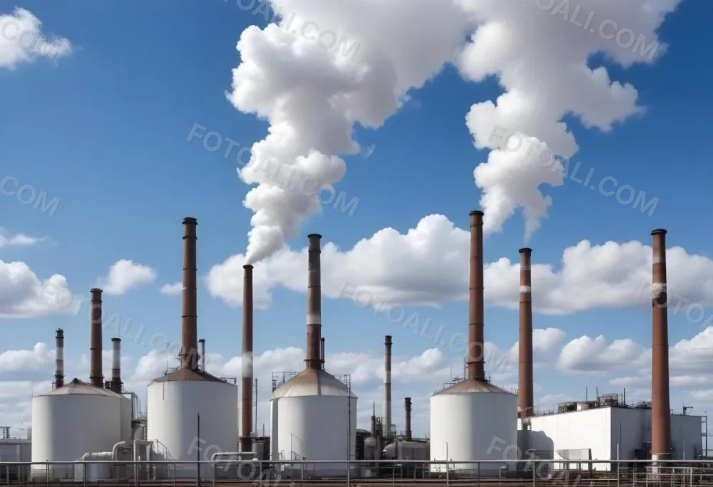 Industrial Complex With White Tanks And Smokestacks Emitting Smoke Against A Blue Sky With Scattered Clouds Suggesting A Manufacturing Or Processing Facility 7 0728