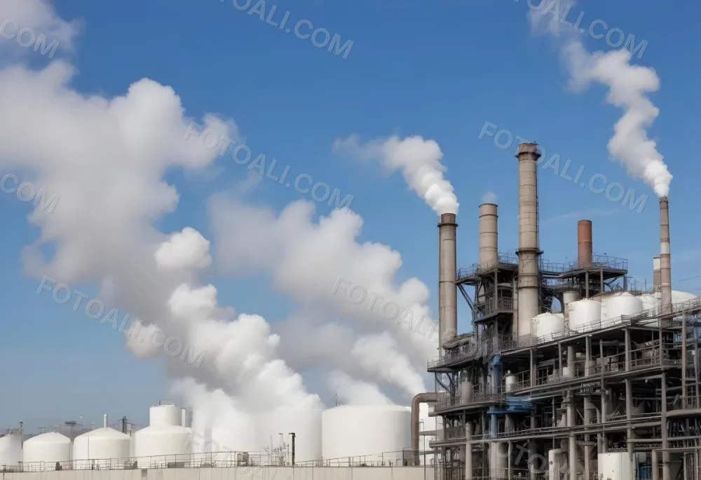 Industrial Complex With White Tanks And Smokestacks Emitting Smoke Against A Blue Sky With Scattered Clouds Suggesting A Manufacturing Or Processing Facility 8 Edf4