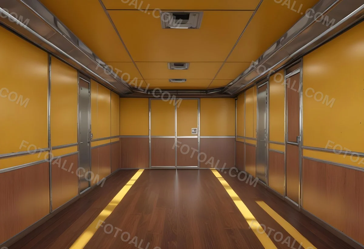 Inside Of An Empty Semi Truck Trailer With Brown Floor And Metal Walls Yellow Ceiling Wooden Door At The End 1 F31d