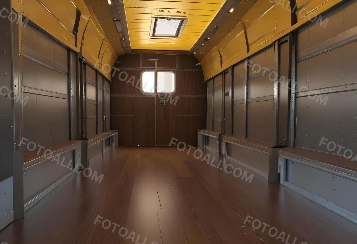 Inside Of An Empty Semi Truck Trailer With Brown Floor And Metal Walls Yellow Ceiling Wooden Door At The End 12 15c0
