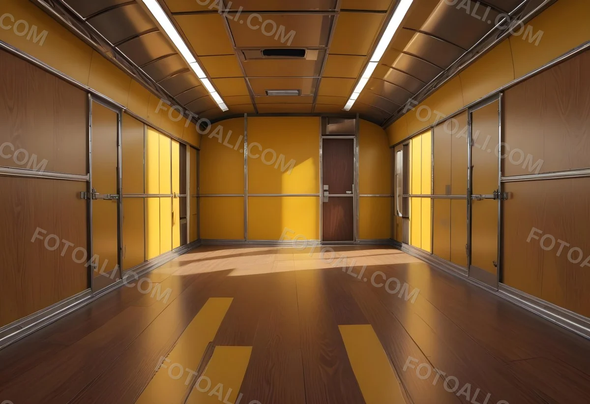 Inside Of An Empty Semi Truck Trailer With Brown Floor And Metal Walls Yellow Ceiling Wooden Door At The End 13 B061