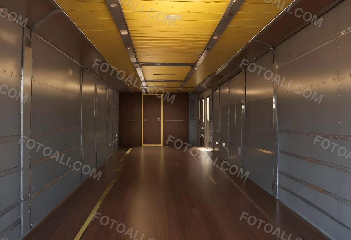 Inside Of An Empty Semi Truck Trailer With Brown Floor And Metal Walls Yellow Ceiling Wooden Door At The End 17 0907