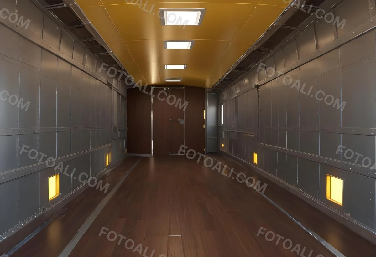 Inside Of An Empty Semi Truck Trailer With Brown Floor And Metal Walls Yellow Ceiling Wooden Door At The End 18 0cd2