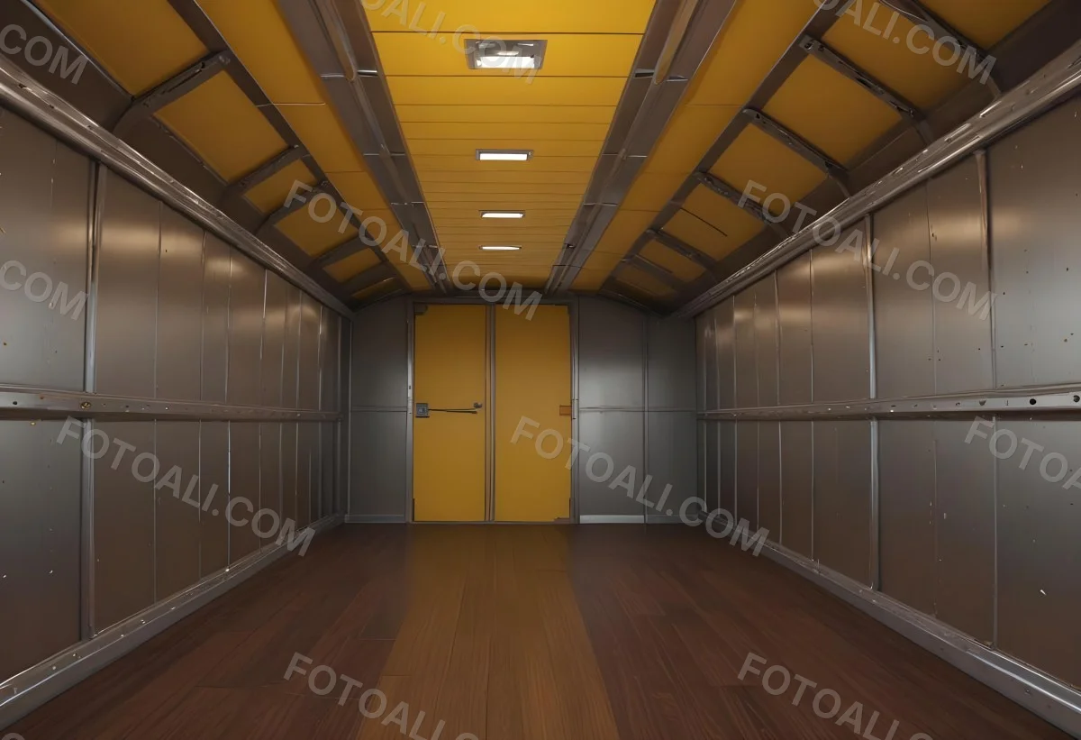 Inside Of An Empty Semi Truck Trailer With Brown Floor And Metal Walls Yellow Ceiling Wooden Door At The End 19 Caae