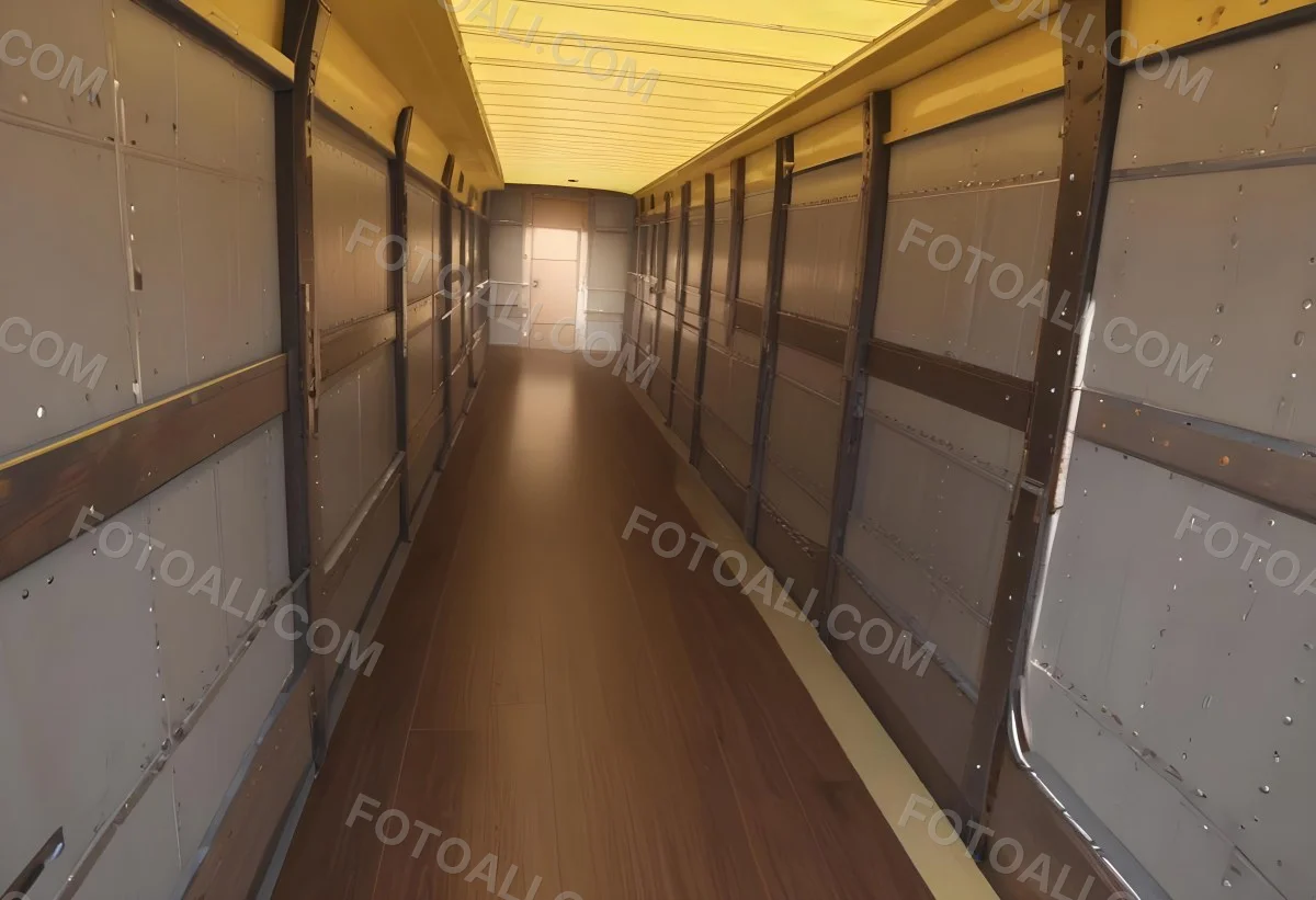 Inside Of An Empty Semi Truck Trailer With Brown Floor And Metal Walls Yellow Ceiling Wooden Door At The End 2 E5ed