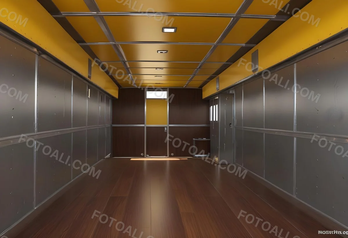 Inside Of An Empty Semi Truck Trailer With Brown Floor And Metal Walls Yellow Ceiling Wooden Door At The End 21 9804