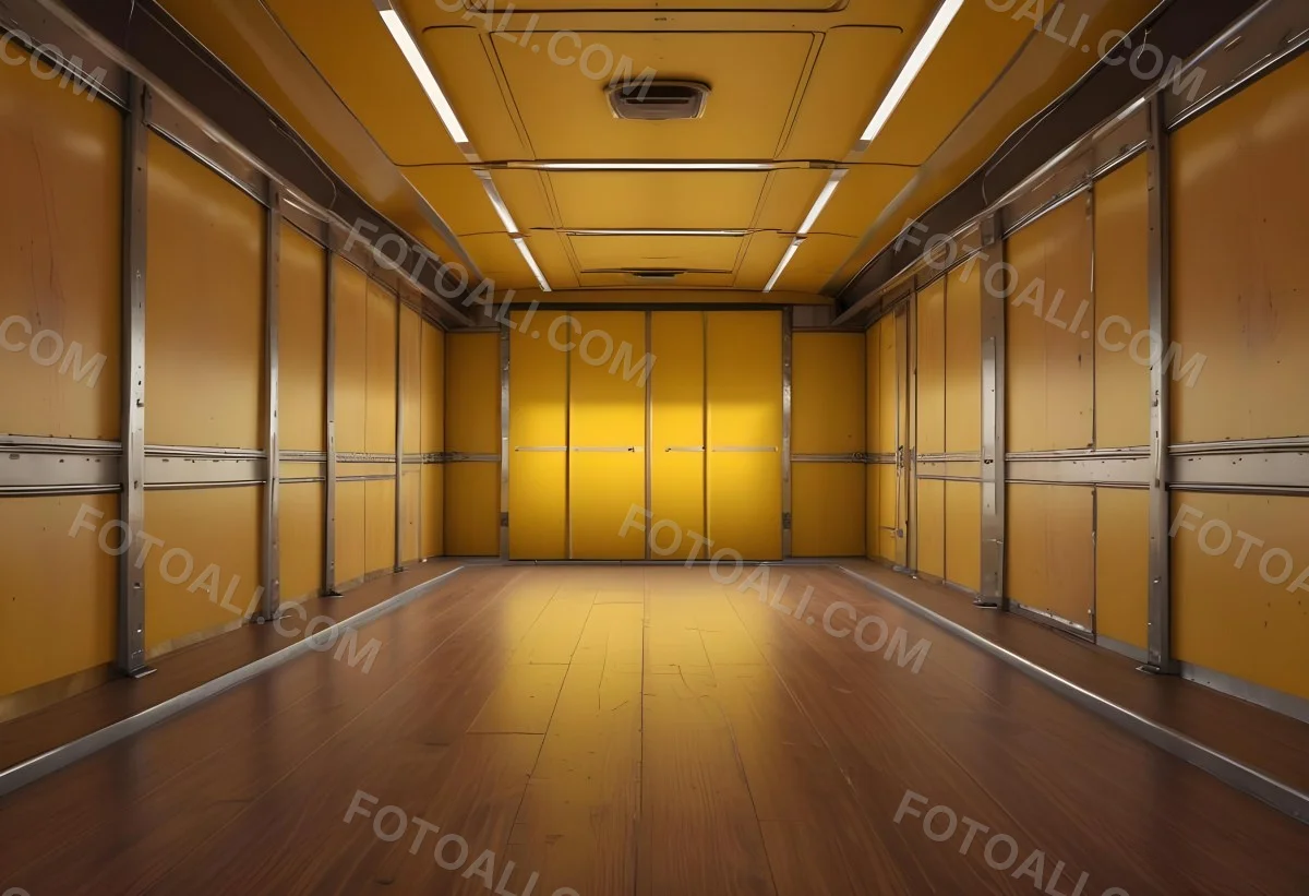 Inside Of An Empty Semi Truck Trailer With Brown Floor And Metal Walls Yellow Ceiling Wooden Door At The End 22 70f7