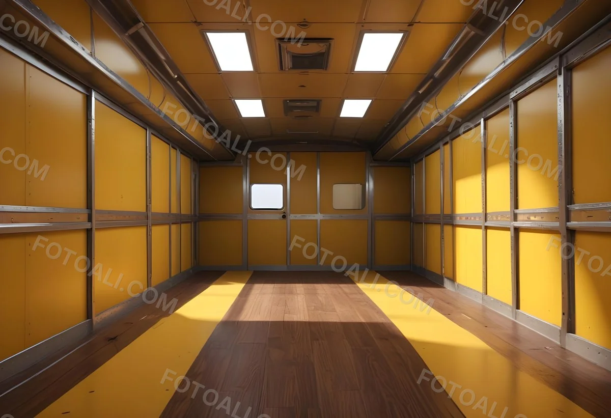 Inside Of An Empty Semi Truck Trailer With Brown Floor And Metal Walls Yellow Ceiling Wooden Door At The End 3 4f64