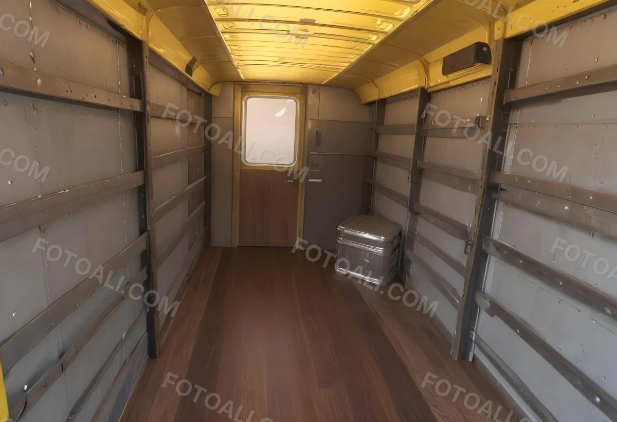 Inside Of An Empty Semi Truck Trailer With Brown Floor And Metal Walls Yellow Ceiling Wooden Door At The End 4 2e16