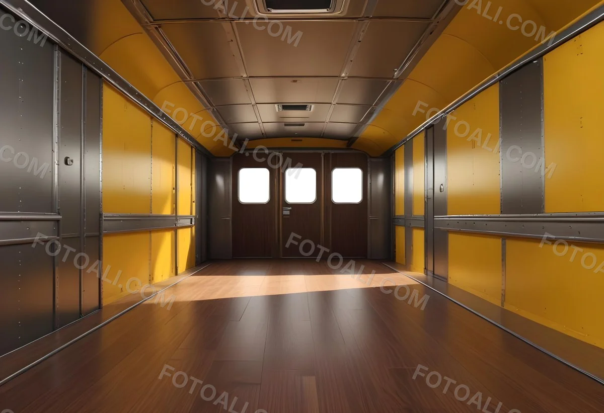 Inside Of An Empty Semi Truck Trailer With Brown Floor And Metal Walls Yellow Ceiling Wooden Door At The End 5 57c3